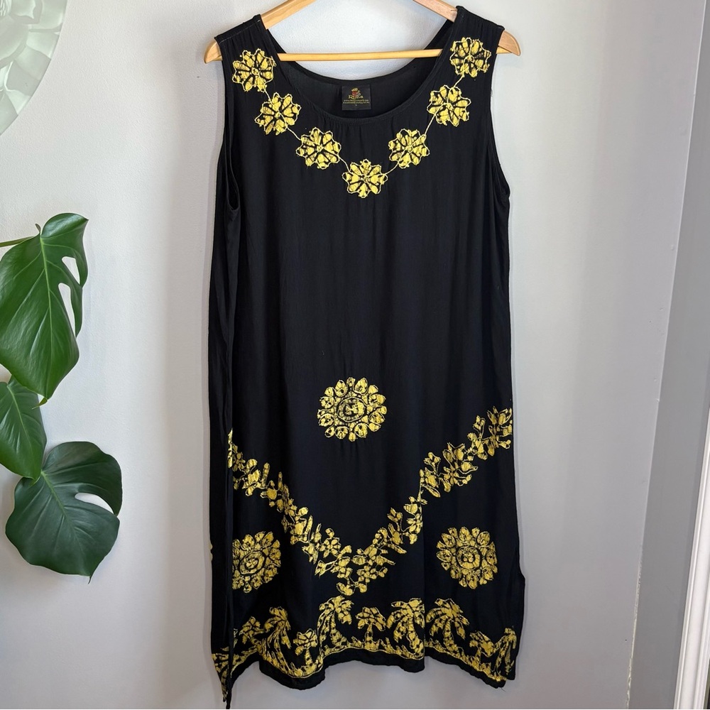 Rima Black Tropical Batik Printed and Embroidered Shift Dress Size Large - Picture 2 of 10
